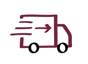 an illustrated delivery truck with an arrow and lines to indicate its moving.