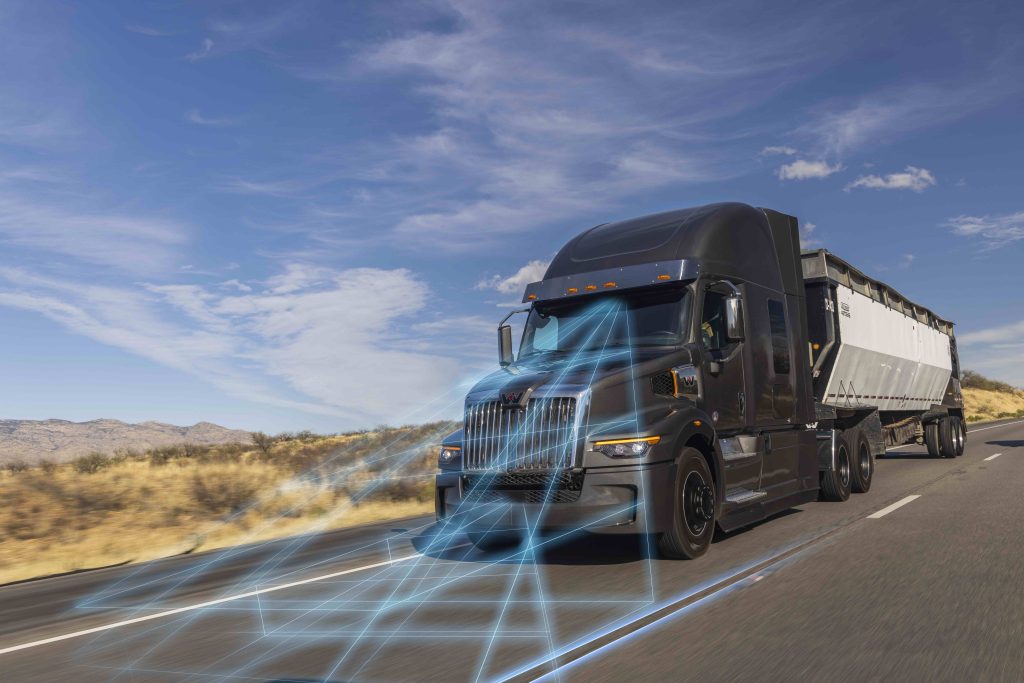 57X truck with blue laser lines illustrating Detroit Assurance technology.